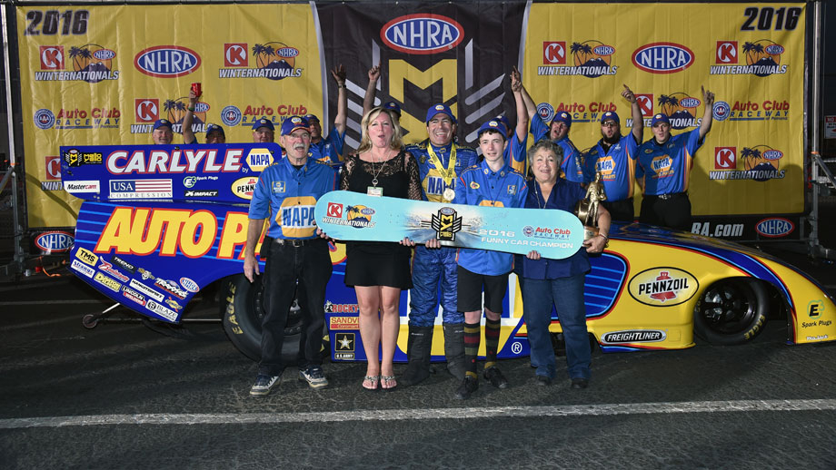 Ron Capps in winner's circle 2016 Winternationals