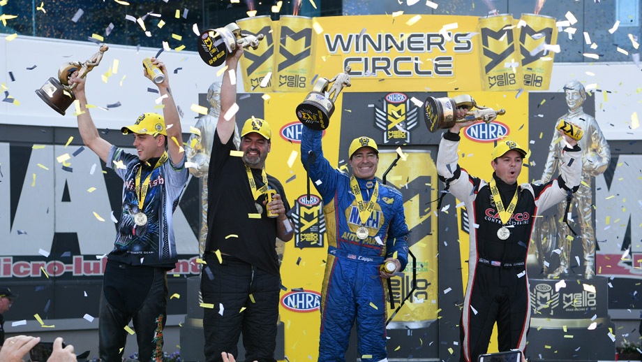 NHRA Four-Wide Nationals champs L.E. Tonglet, Chris McGaha, Ron Capps, and Steve Torrence