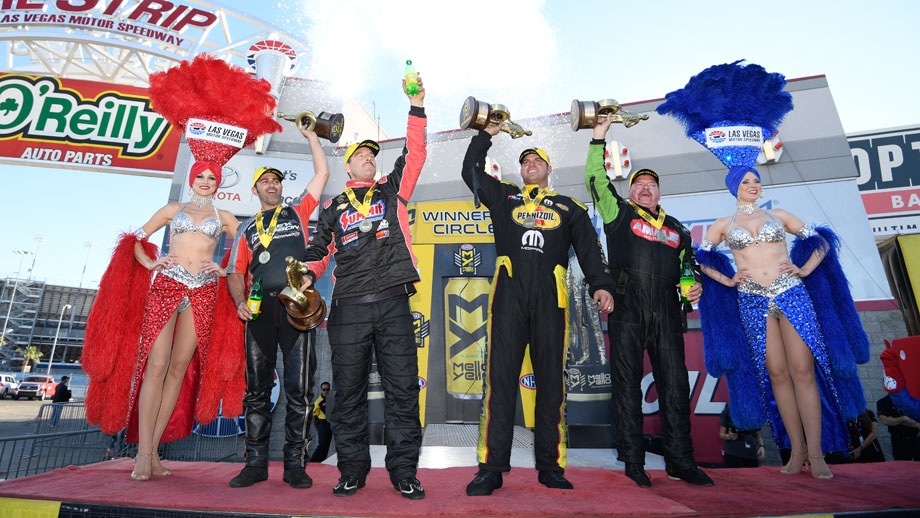 The event winners celebrate their titles at the NHRA Toyota Nationals