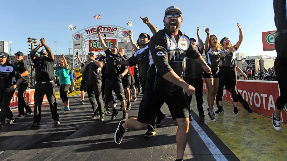 It took Pro Stock rookie Tanner Gray just four events to record his first win, and the team, especially father Shane, right, celebrated in big fashion after his son hit the jackpot for the first time at the spring Las Vegas event.