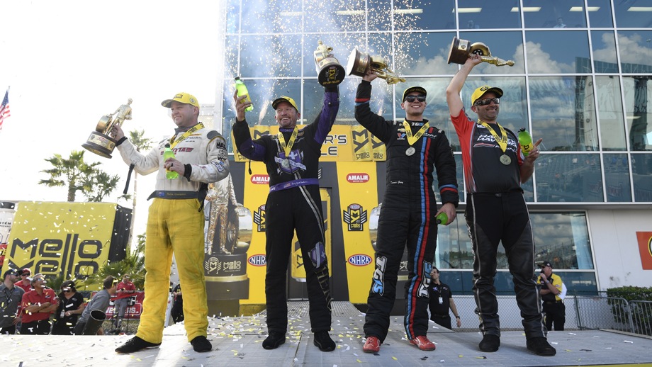 Gatornationals winners, from left: Richie Crampton, Jack Beckman, Tanner Gray, Eddie Krawiec