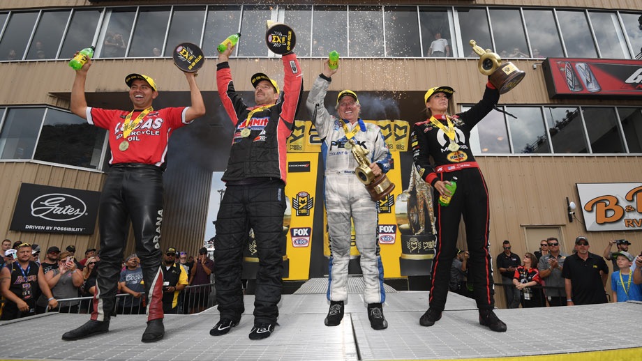 The event winners, from left, Hector Arana Jr., Greg Anderson, John Force, and Leah Pritchett.