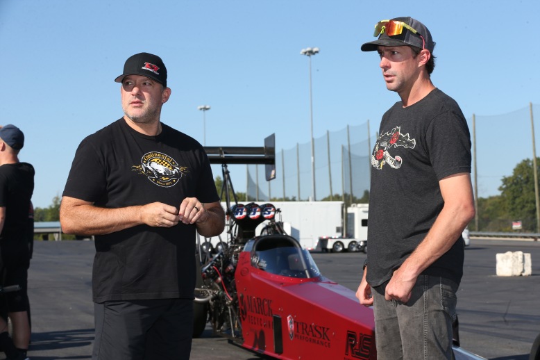 Tony Stewart, left, himself a new Top Fuel driver was on hand for moral support