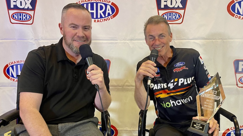 Clay Millican accepts NHRA National Dragster All-Star Team award—Best Social Media Account