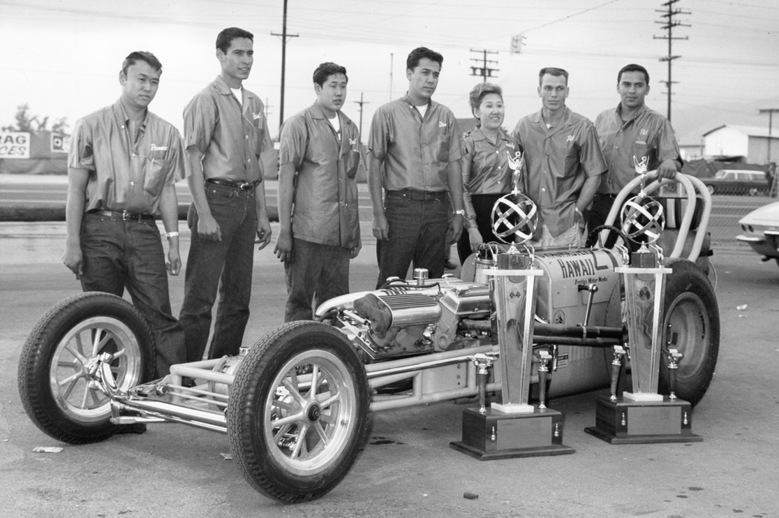 Roland Leong, third from left, first came to NHRA prominence as the car owner when Danny Ongais won Top Gas at the 1964 Winternationals in Leong's dragster