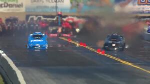 Jack Beckman advanced to round 2 at Pep Boys NHRA Nationals with smoking tires and a stroke of John Force luck