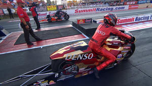 Matt Smith is the low qualifier in Pro Stock Motorcycle on Friday of the Summit Racing Equipment NHRA Nationals