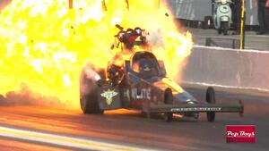 Spencer Hyde's Top Fuel run-That's a Repair for Pep Boys